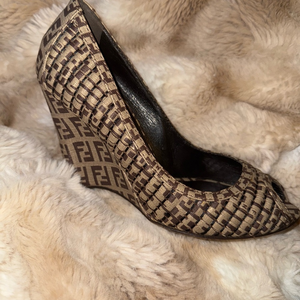 Fendi Beige and Dark Brown Wedge Shoes